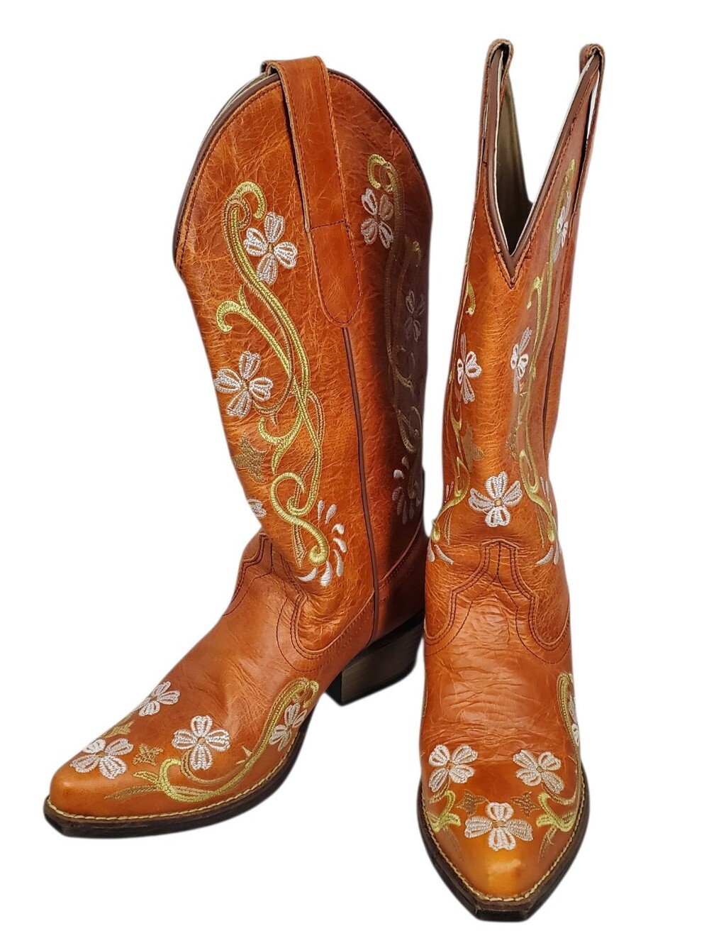 Sterling River Coastal Cowgirl Boho Orange Embroidered Floral Boots 10M